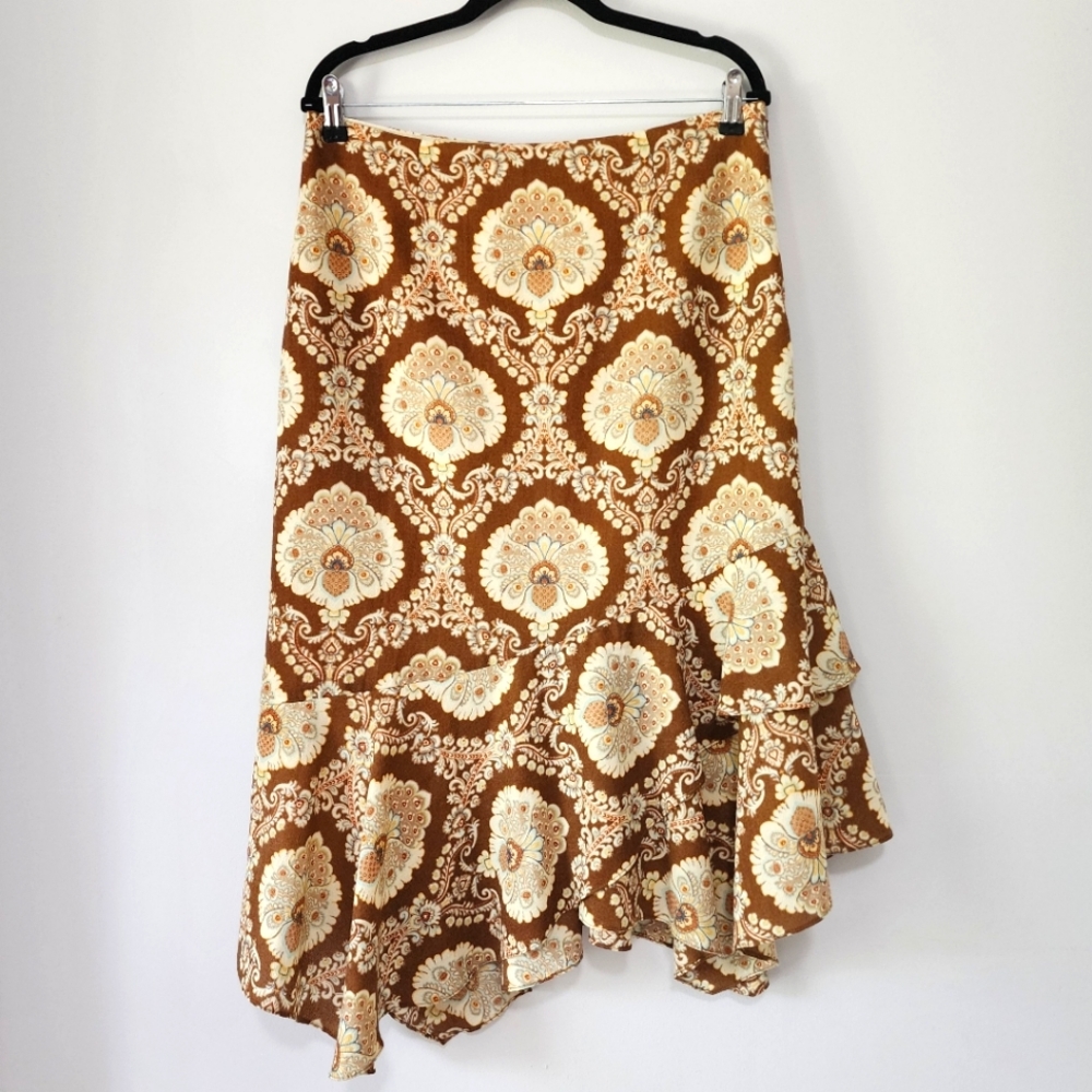 Vintage Y2K Etcetera Paisley Print 100% Wool Tiered Ruffle Midi Skirt Size 12